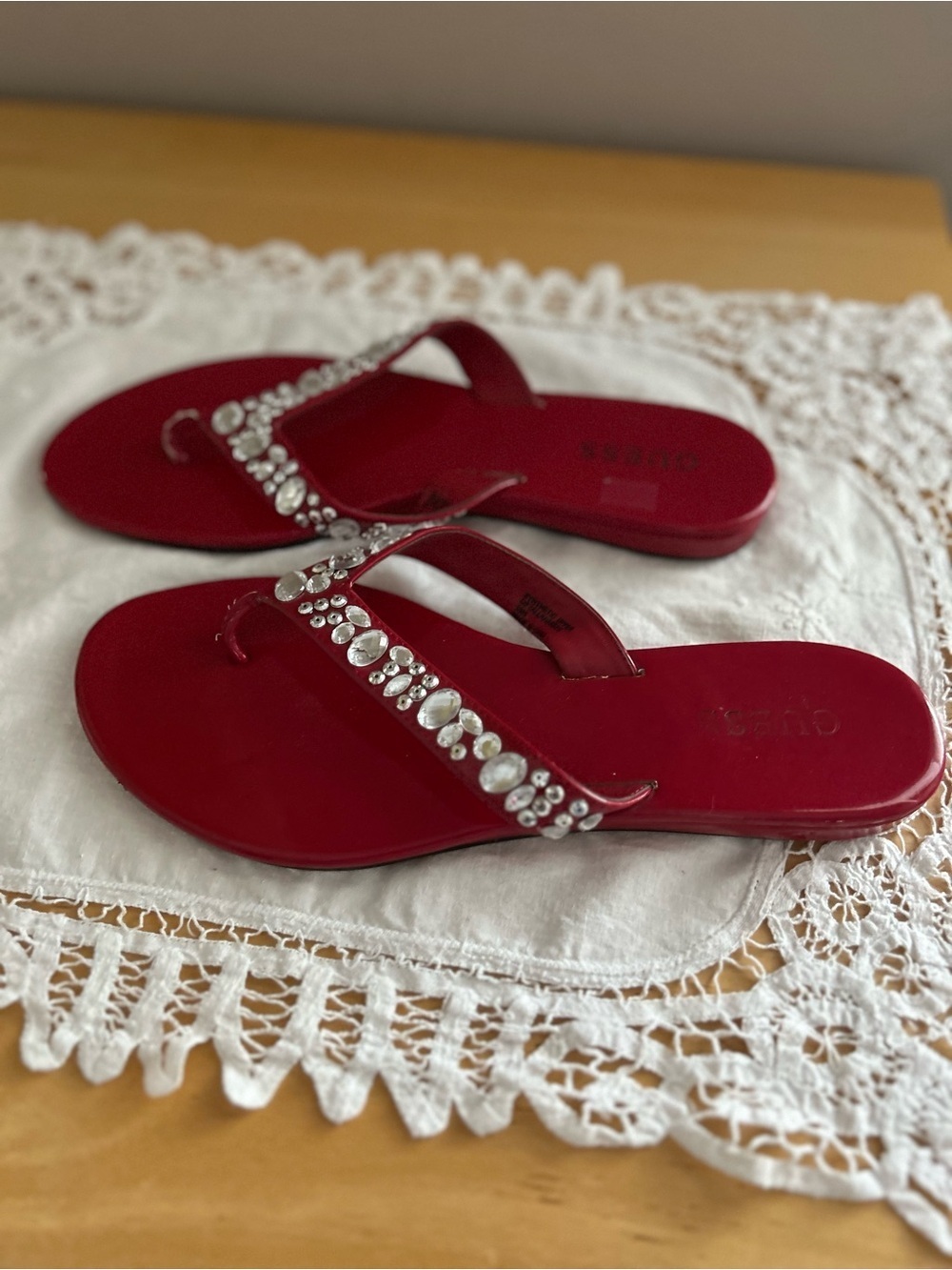 Guess Red Jeweled Women's Flip Flop Sandals